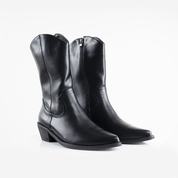 

Point Toe Chunky Heeled Mid Calf Boots, Black