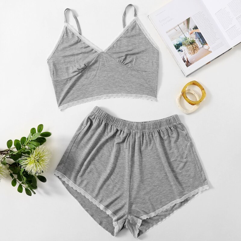 

Contrast Lace Cami PJ Set, Grey