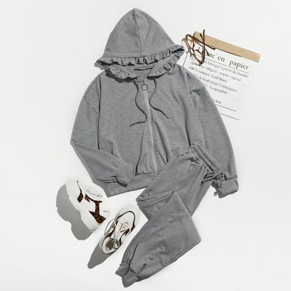 

Drawstring Frill Trim Zip-up Hoodie & Sweatpants, Grey