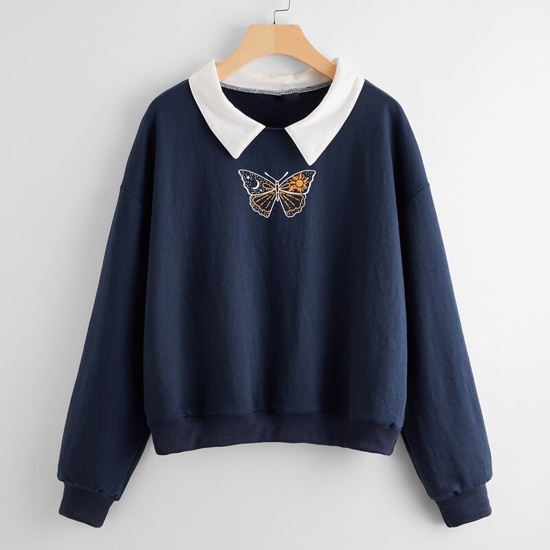 

Butterfly Graphic Contrast Collar Sweatshirt, Navy blue
