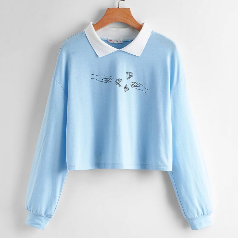 

Butterfly Graphic Contrast Collar Crop Tee, Baby blue