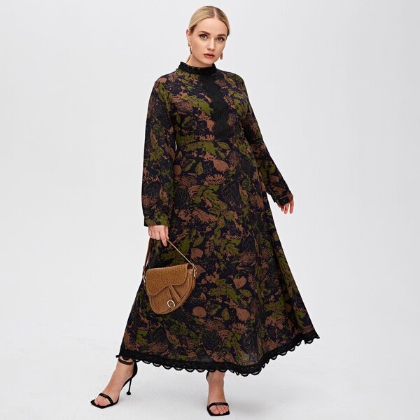 

Plus Allover Plants Print Lace Trim Maxi Dress, Multicolor
