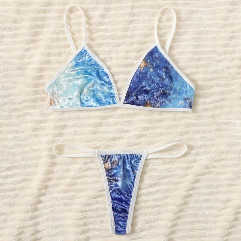 

Galaxy Pattern Velvet Thong Lingerie Set, Blue
