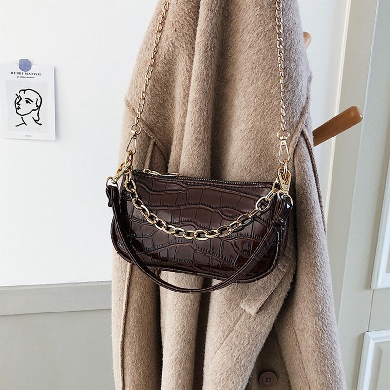 

Croc Embossed Chain Baguette Bag, Brown