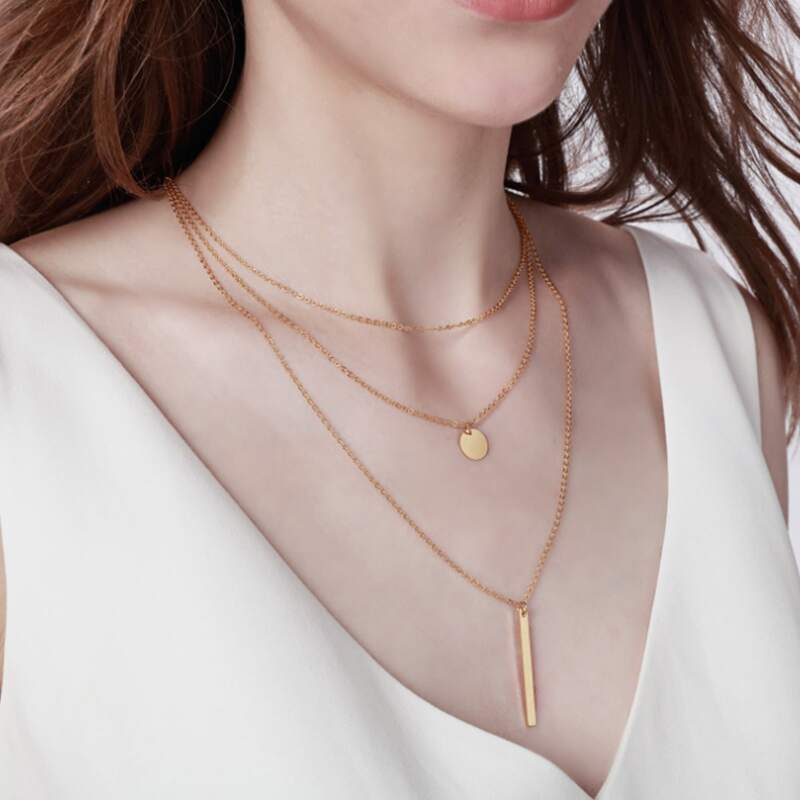 

Metal Bar Layered Chain Necklace, Gold