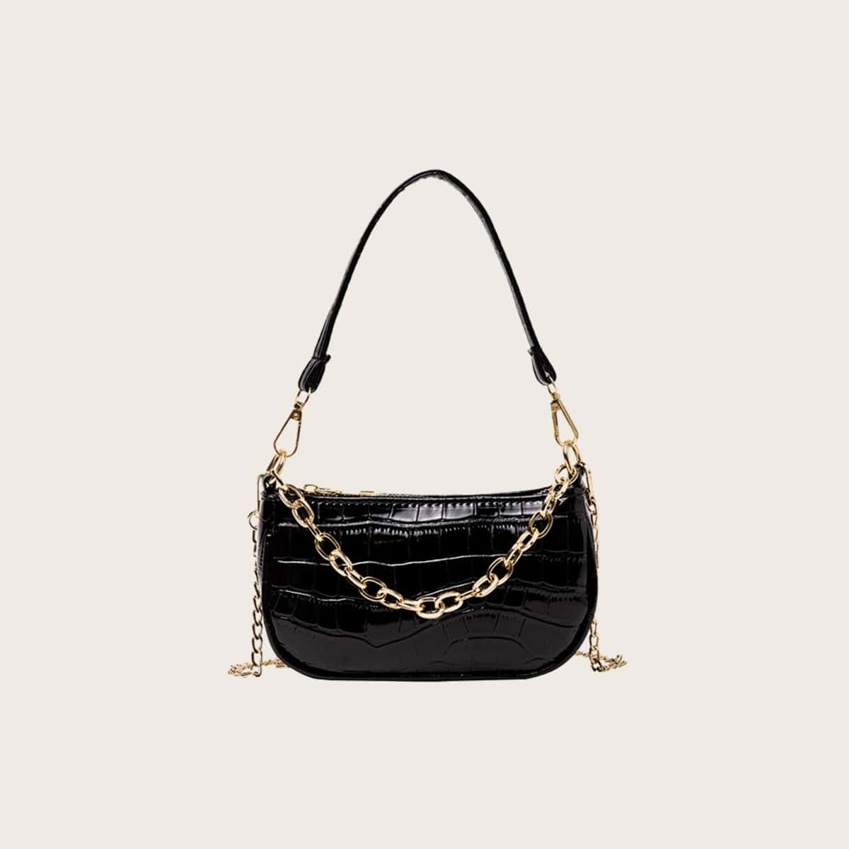 

Croc Embossed Chain Baguette Bag, Black