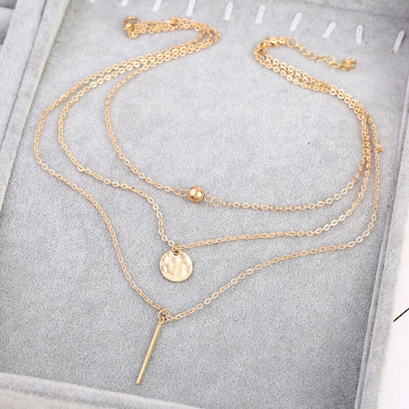 

Disc & Bar Design Layered Necklace, Gold