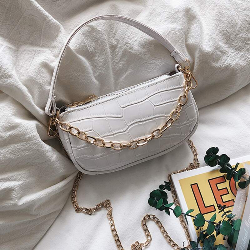 

Croc Embossed Chain Baguette Bag, White