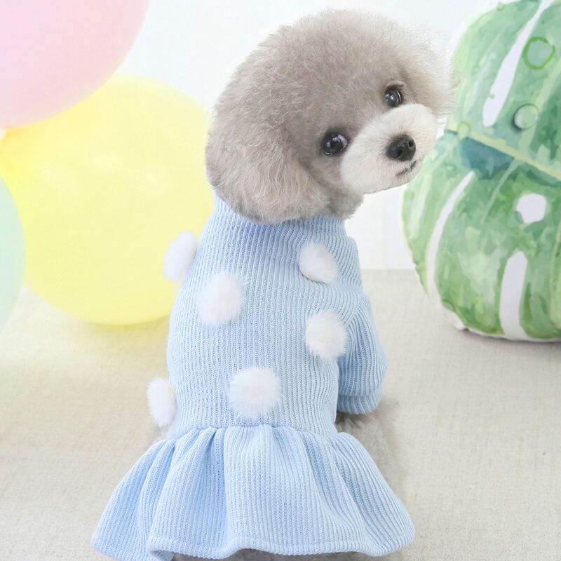 

Pom Pom Decor Knitted Dog Dress, Blue