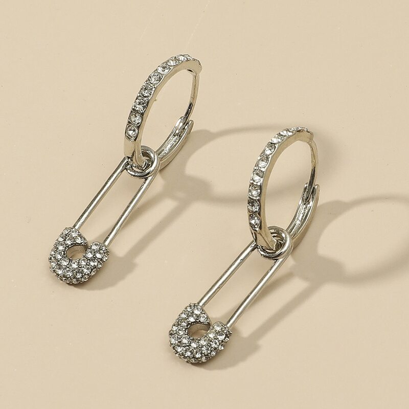 

Rhinestone Safety Pin Drop Earrings, Silver