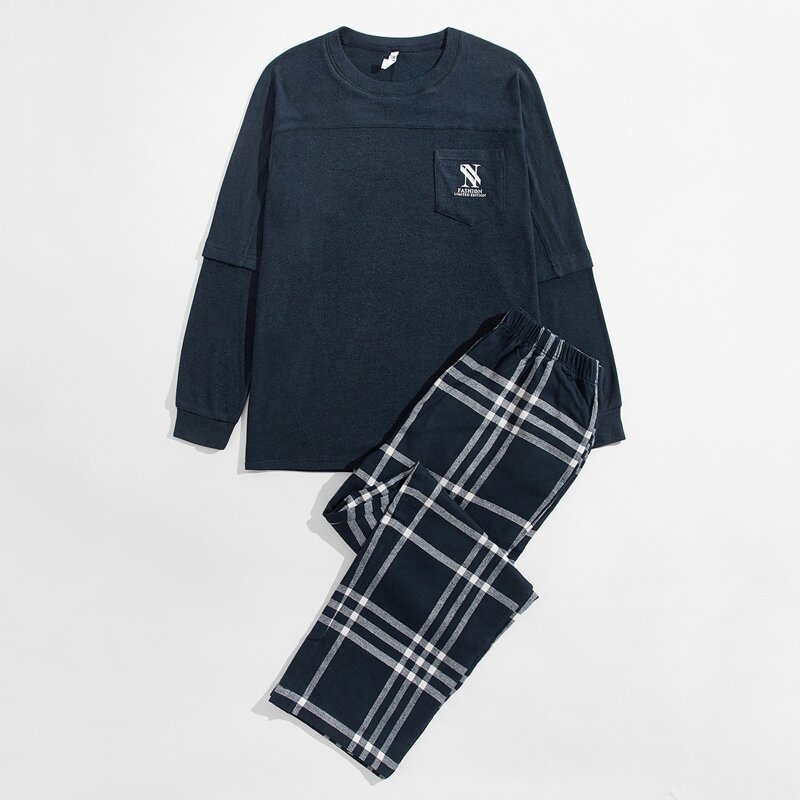 

Guys Letter & Plaid Print PJ Set, Navy blue