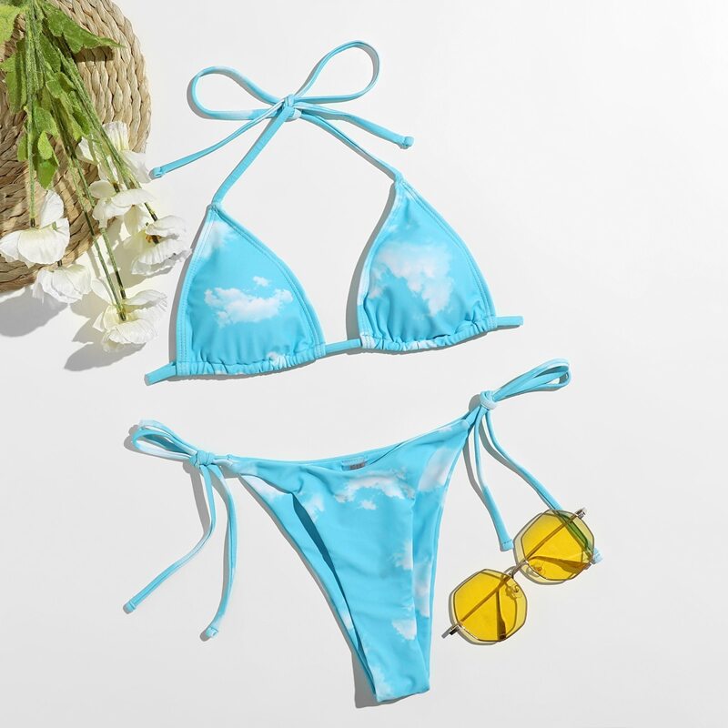 

Cloud Print Tie Side Bikini Swimsuit, Mint blue