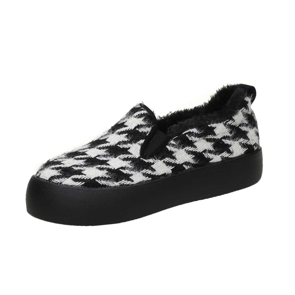 

Faux Fur Lined Houndstooth Slip On Sneakers, Black