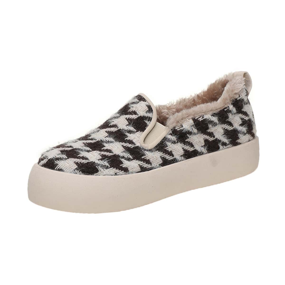 

Faux Fur Lined Houndstooth Slip On Sneakers, Beige