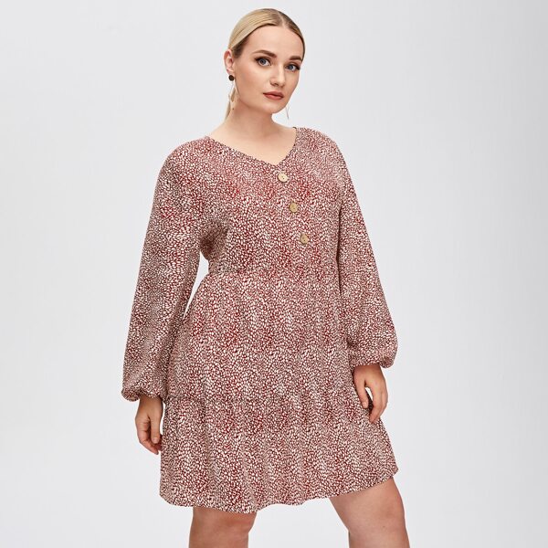 

Plus Half Button Allover Print Smock Dress, Red and white