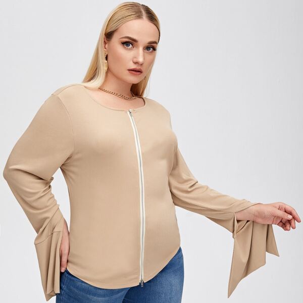 

Plus Zip Up Flounce Sleeve Fitted Tee, Khaki