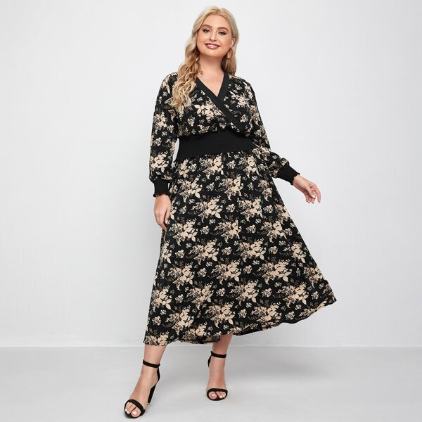 

Plus Flower Print Shirred Waist Dress, Multicolor