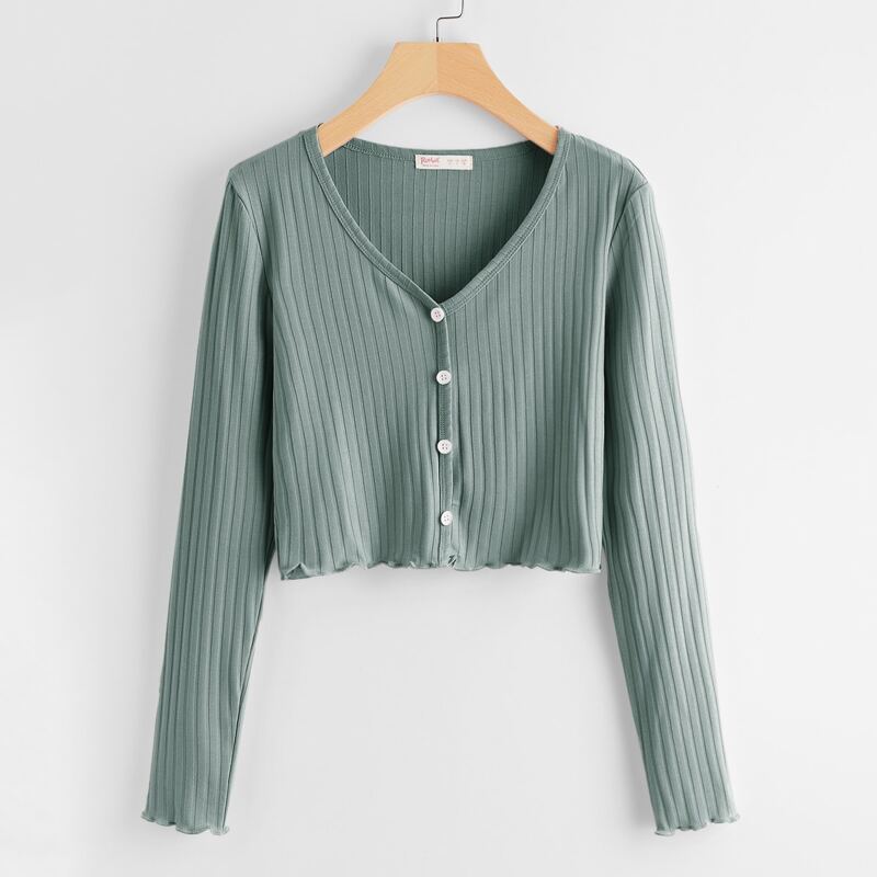 

Solid Button Front Ribbed Crop Tee, Mint green