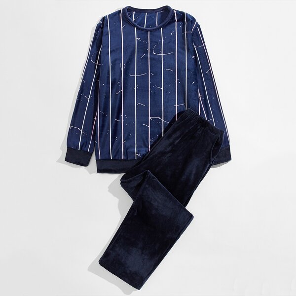 

Men Velvet Striped Pajama Set, Navy blue