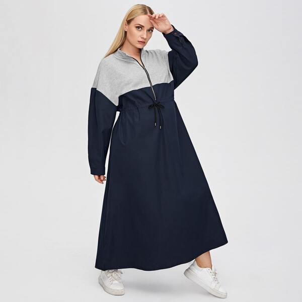 

Plus Two Tone Drawstring Waist Sweatshirt Dress, Multicolor