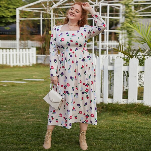 

Plus Square Neck Floral Print A-line Dress, Multicolor