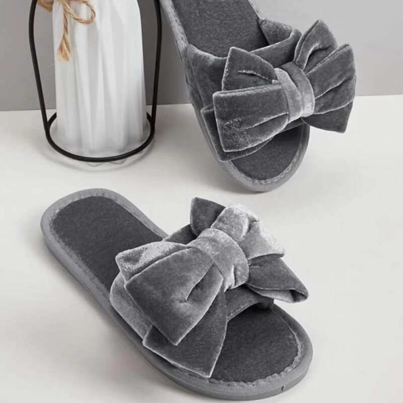 

Bow Decor Velvet Slippers, Grey