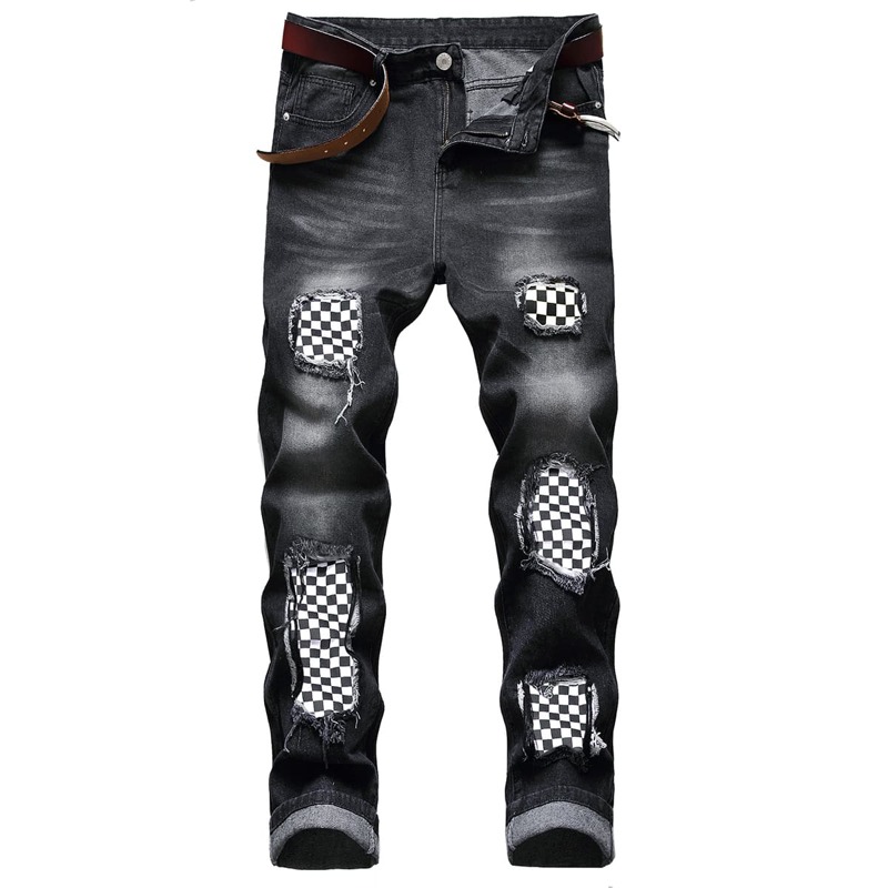 

Guys Contrast Checkerboard Distressed Jeans, Black
