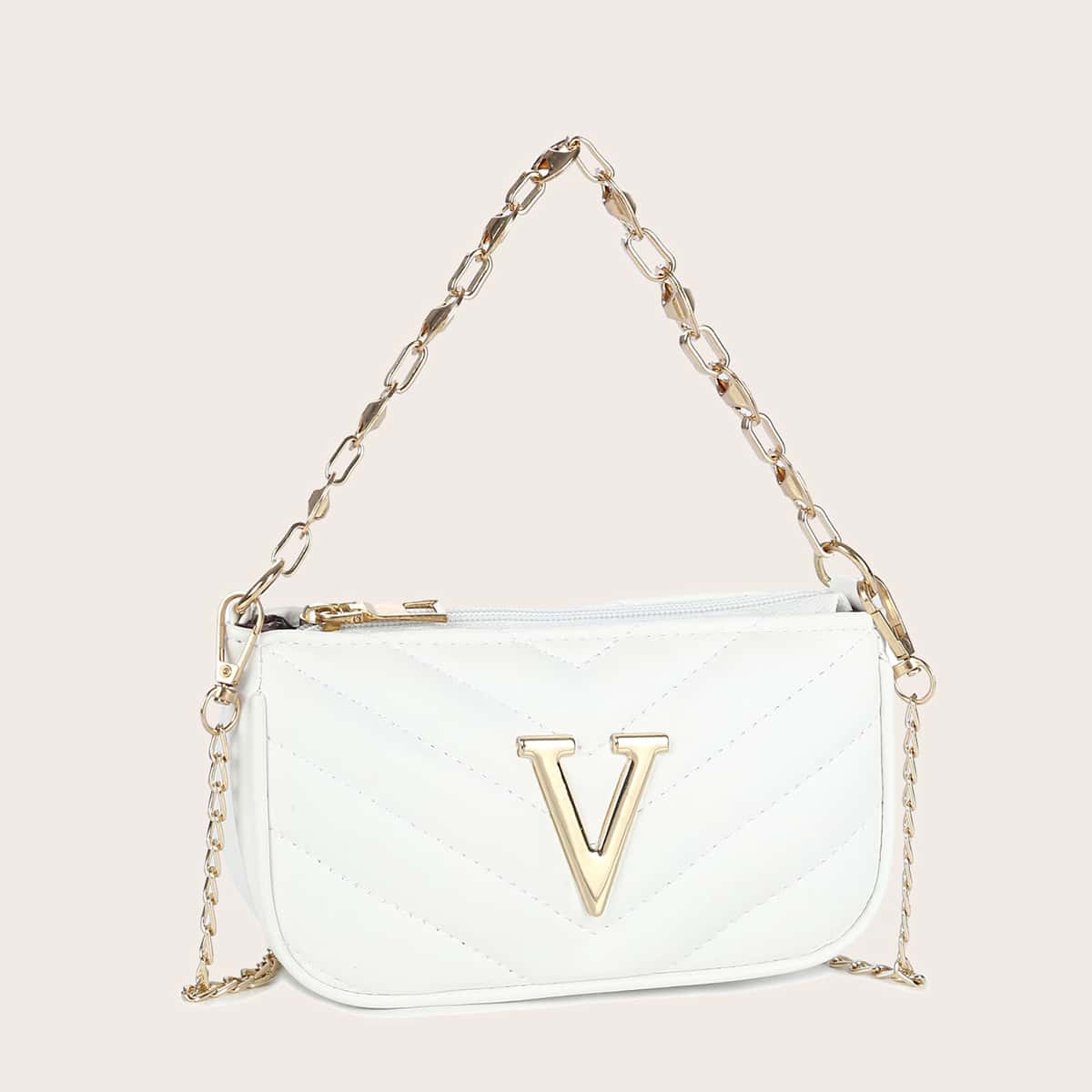 

Metal V Decor Chain Baguette Bag, White