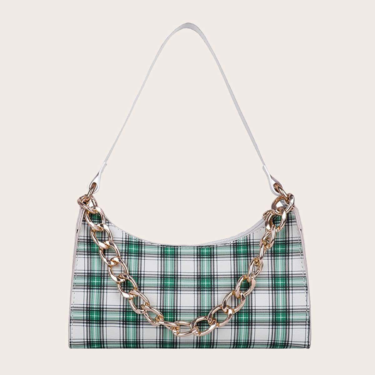 

Tartan Chain Baguette Bag, Green