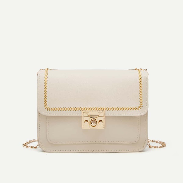 

Metal Lock Flap Chain Square Bag, Beige