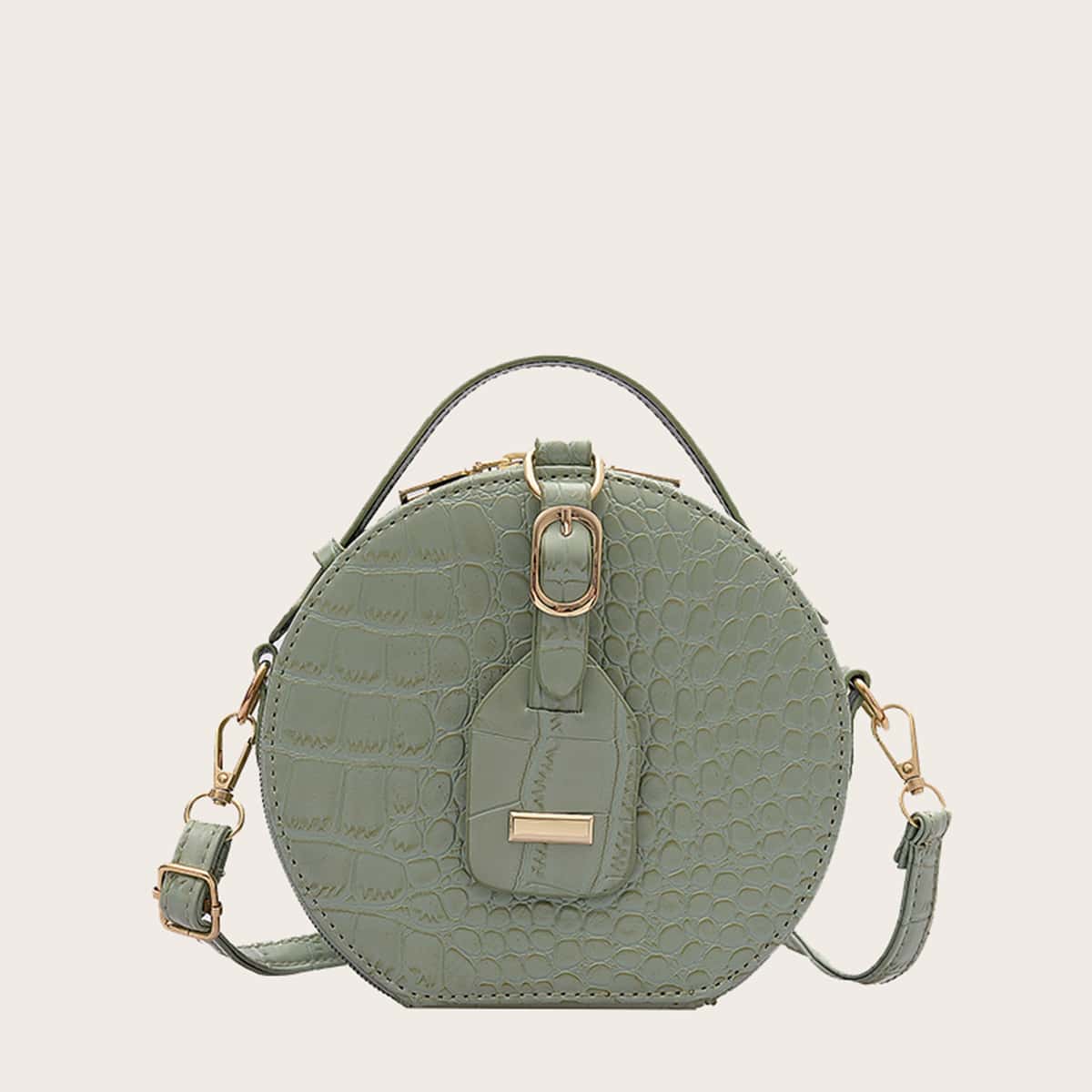 

Croc Embossed Round Satchel Bag, Green