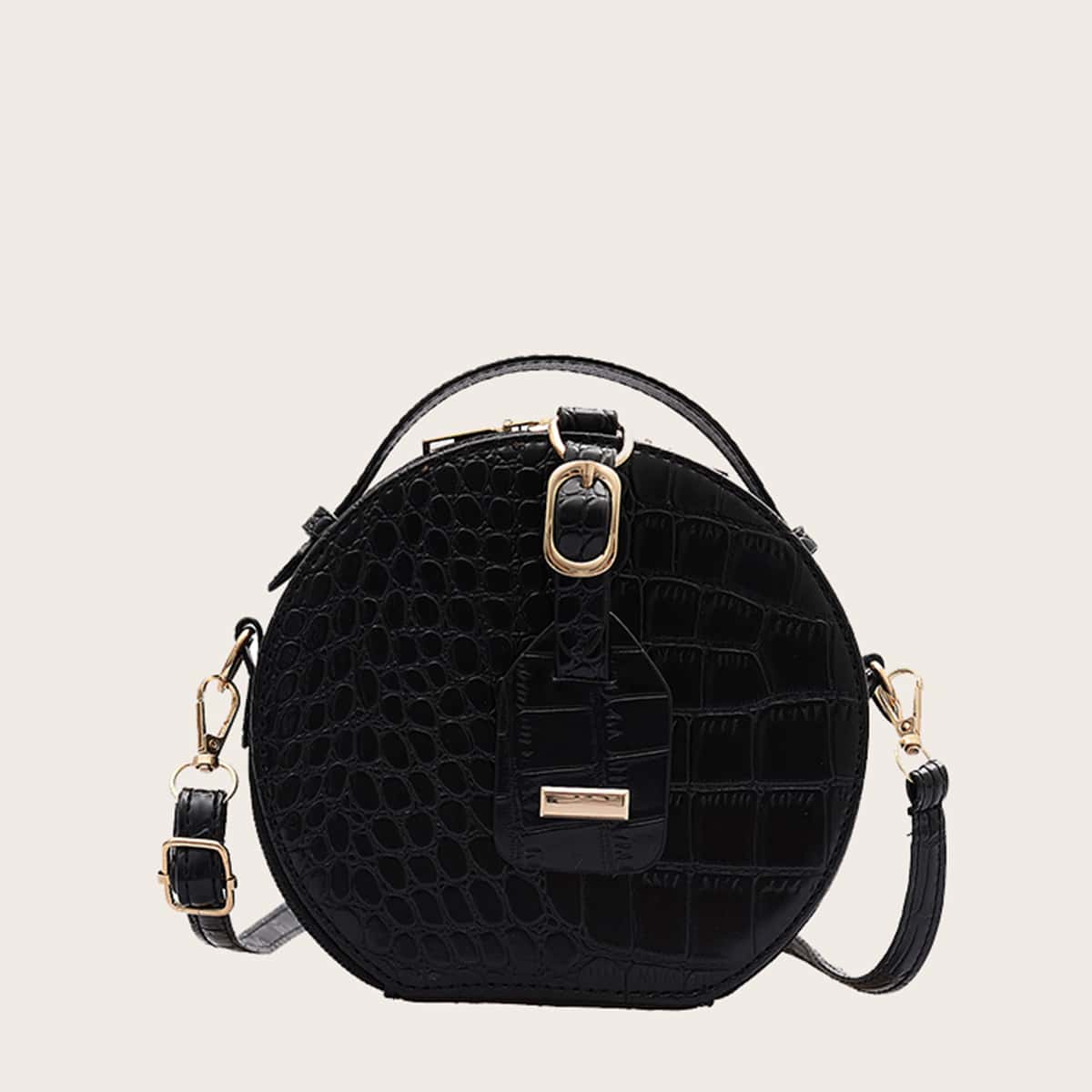 

Croc Embossed Round Satchel Bag, Black