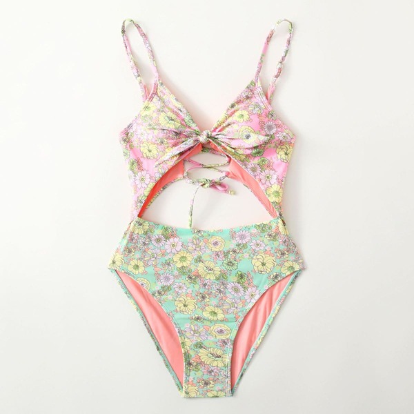 

Floral Cut-out Knot One Piece Swimsuit, Multicolor
