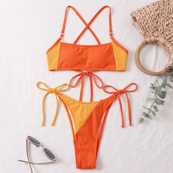 

Two Tone Criss Cross Tie Side Bikini Swimsuit, Multicolor