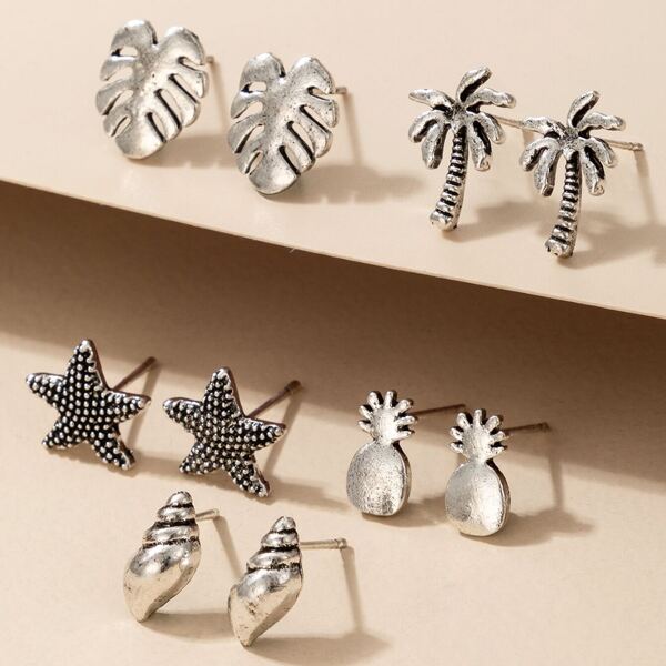 

5pairs Starfish & Shell Design Stud Earrings, Silver