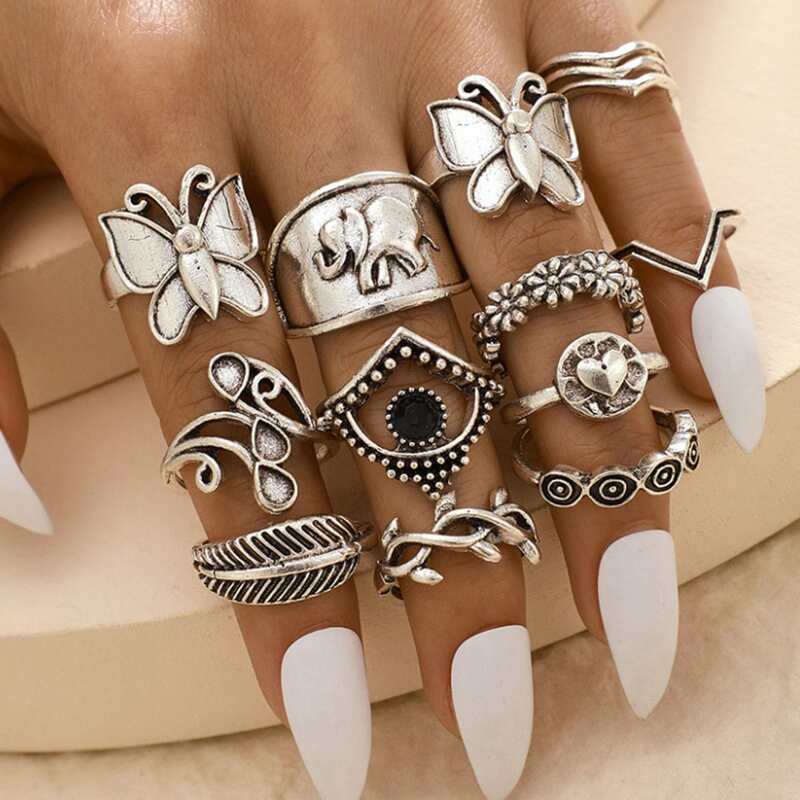

14pcs Butterfly & Leaf Design Ring, Silver