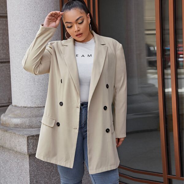 

Plus Lapel Collar Double Breasted Blazer, Beige