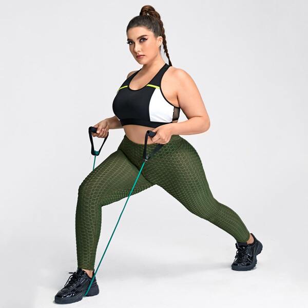 

Plus Textured Solid Sports Leggings, Army green