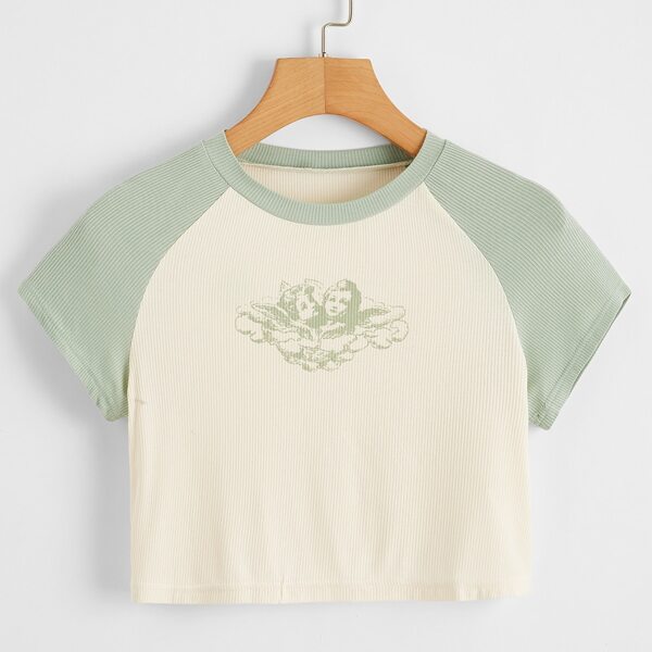 

Plus Angel Print Crop Baseball Tee, Beige