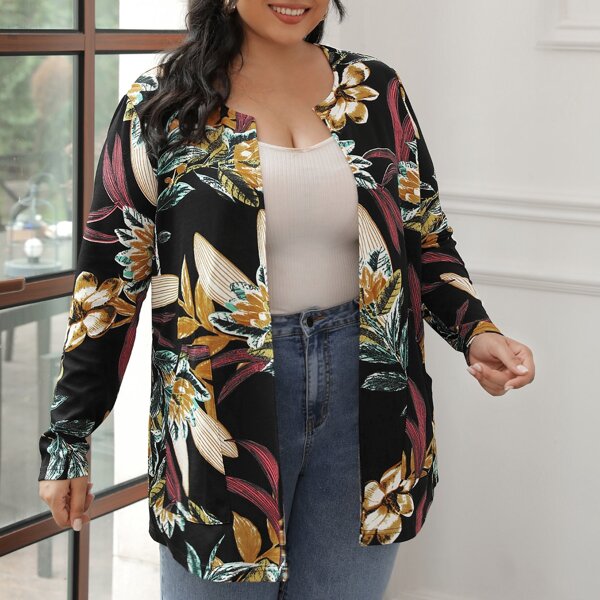 

Plus Tropical Print Open Front Coat, Multicolor