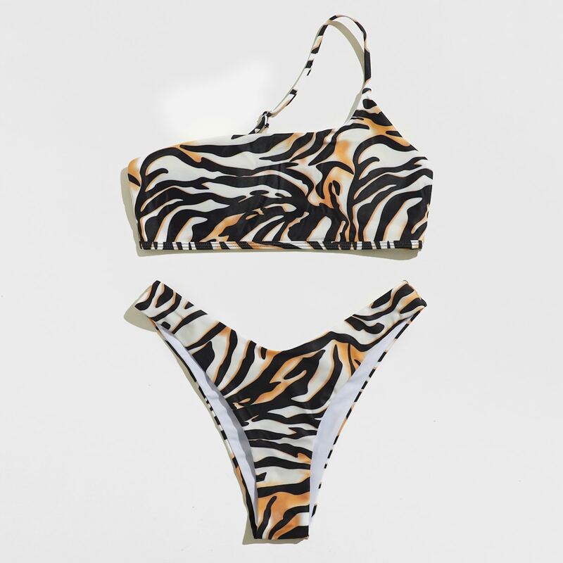 

Tiger Stripe High Leg Bikini Swimsuit, Multicolor