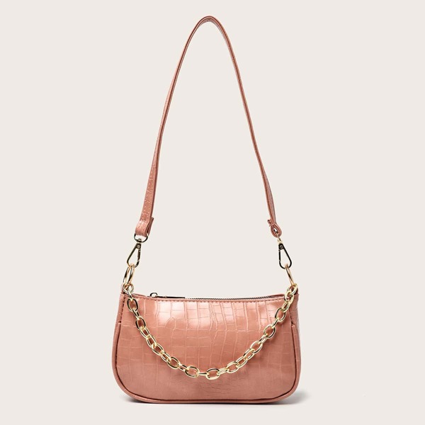 

Croc Embossed Baguette Bag With Chain Handle, Pink