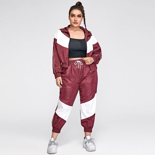 

Plus Color Block Jacket & Pants Sports Set, Burgundy