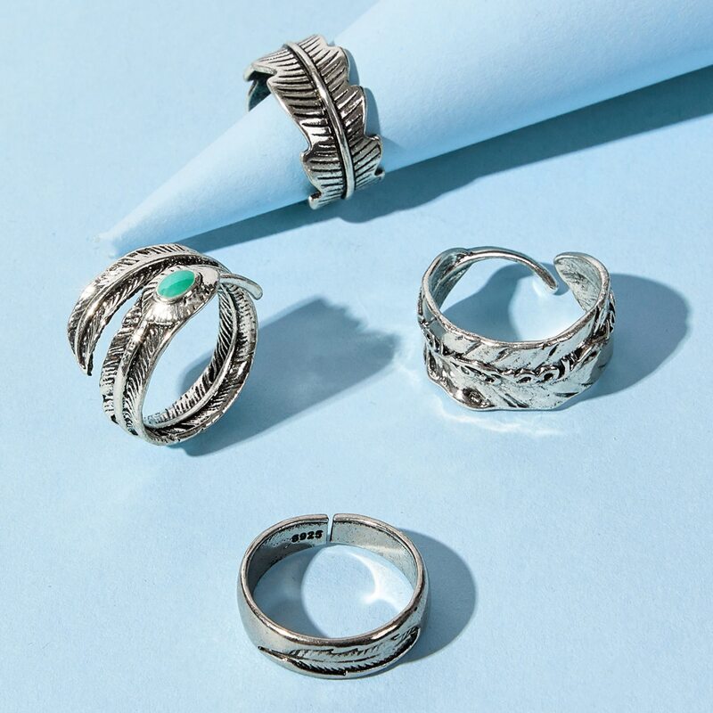 

4pcs Leaf Design Ring, Antique silver