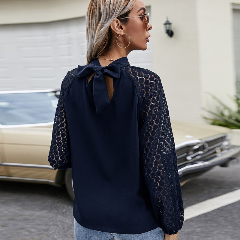 

Contrast Lace Sleeve Tie Back Blouse, Navy blue
