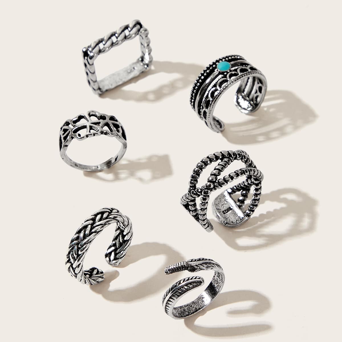 

6pcs Leaf Design Ring, Antique silver