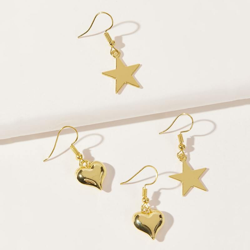 

2pairs Star & Heart Drop Earrings, Gold