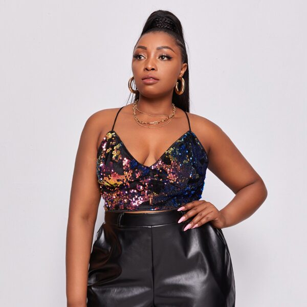 

Plus Lace-up Open Back Sequin Halter Top, Multicolor