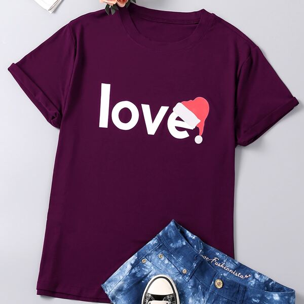 

Plus Christmas Hat And Letter Graphic Tee, Purple