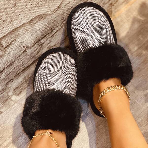 

Rhinestone Decor Fluffy Slippers, Black